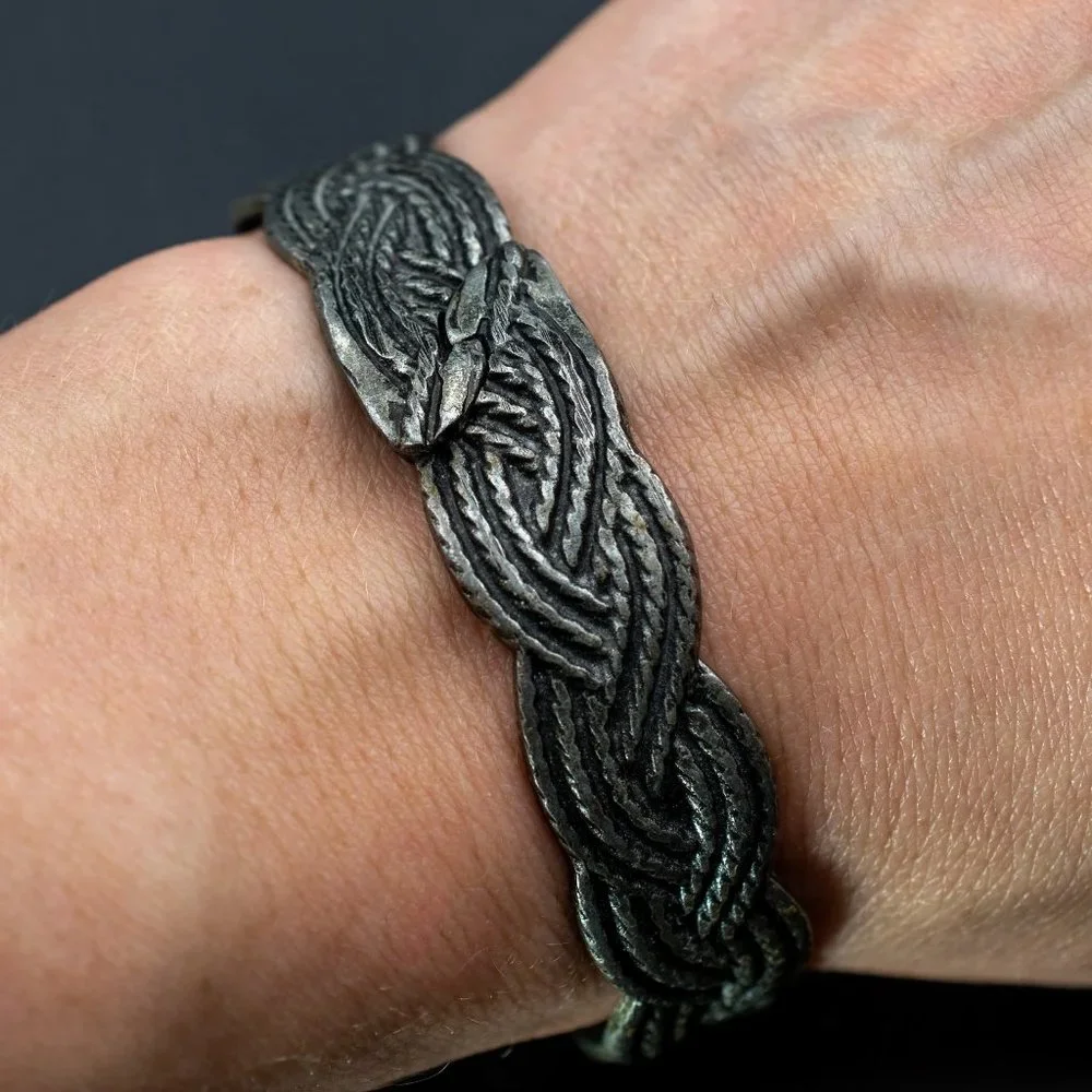 Wide metal rustic bangle, wicker bracelet bangle, stylish jewelry gift